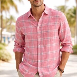 GAP Pink Plaid Linen-Blend Button-Down Shirt